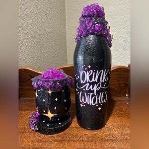 Black and Purple Decorative Bottle and Candle Holder Set